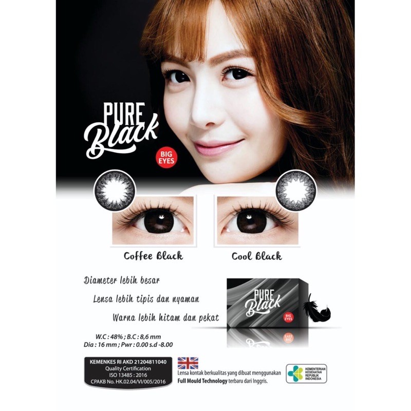 Softlens PURE BLACK Normal &amp; Minus 0.50 - 6.00 Dia 16 MM / FREE LENSCASE - KASIMURA