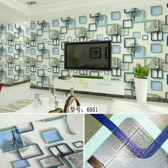 wallpaper dinding motif pohon kotak 3 dimensi biru
