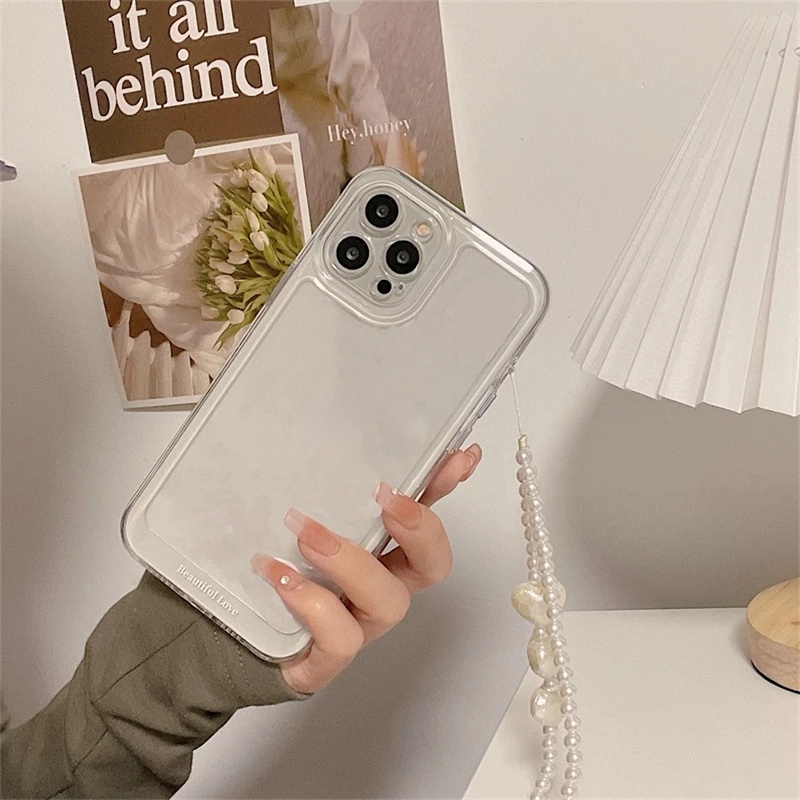 Hard Case Akrilik Transparan Motif Hati Aksen Rantai Mutiara Untuk iPhone 14 Pro Max 13 12 11 Pro XS Max X XR 7 8 Plus SE 3