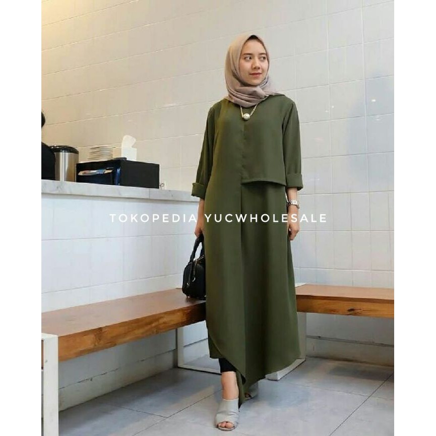 MIZA TUNIK LD 100 CM - TUNIK MUSLIM - TUNIK HIJAU ARMY Baju Wanita
