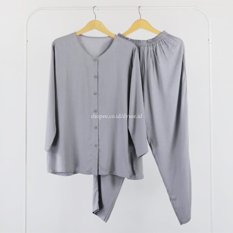 (PIYAMA POLOS) PIYAMA RAYON PAJAMAS RAYON SET BAJU WANITA VIRAL ELEGAN MURAH-Grey