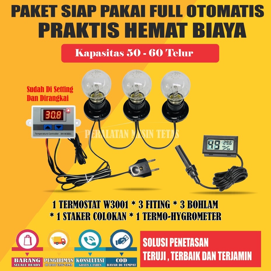 Paket Siap Pakai W3001 Kapasitas 20 Sampai 100 Butir Telur  Termostat Thermo-Hygrometer Termometer Gea Mesin Tetas