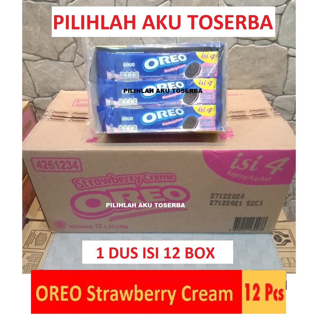 Biskuit Oreo Strawberry Creme / Stroberi Krim 12 x 38 gr ( HARGA 1 DUS ISI 12 BOX )