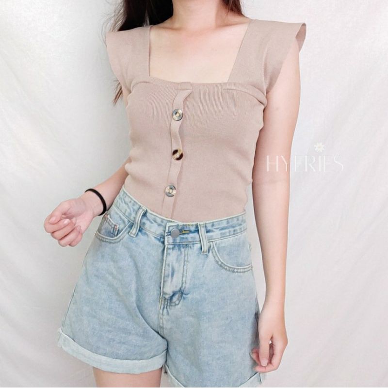 HYERIES NELL Atasan Casual Wanita Rajut / Korea Square Neck Knit Top Buttons / Knitwear Wanita