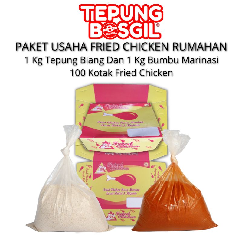 

Paket Usaha Premium Fried Chicken Rumahan(Biang 1kg + marinasi 1kg+Kotak nasi100 pcs)