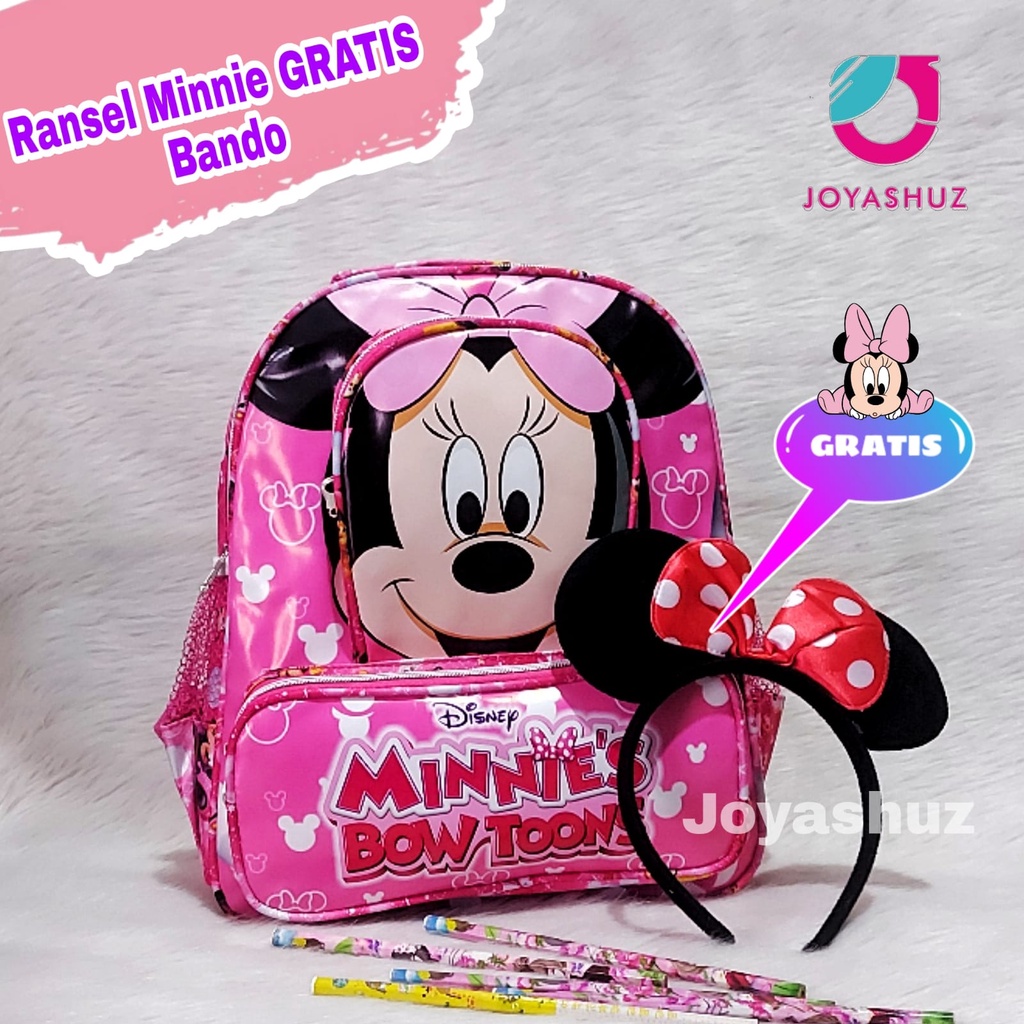 Joyashuz - Tas Sekolah Anak Perempuan Gratis Botol Minum - Ransel Anak minnie - Tas Sekolah Gratis Bando - Tas Minnie bowtoons - Ransel Cantik - Gratis Bando