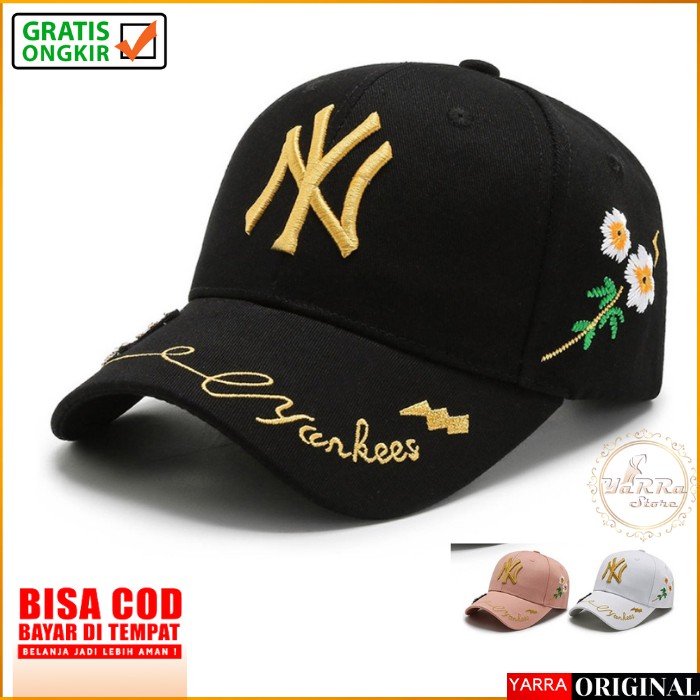 TOPI WANITA KOREA SNAPBACK NY DISTRO BASEBALL CAP YANKEES MOTIF BORDIR KUPU KUPU TQC