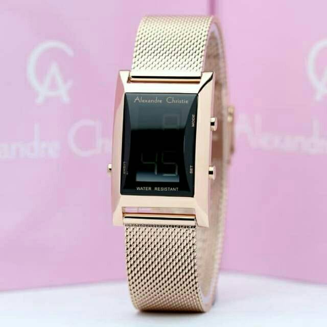 JAM TANGAN WANITA ALEXANDRE CHRISTIE DIGITAL CEWEK ROSE GOLD TALI RANTAI PASIR AC 9225