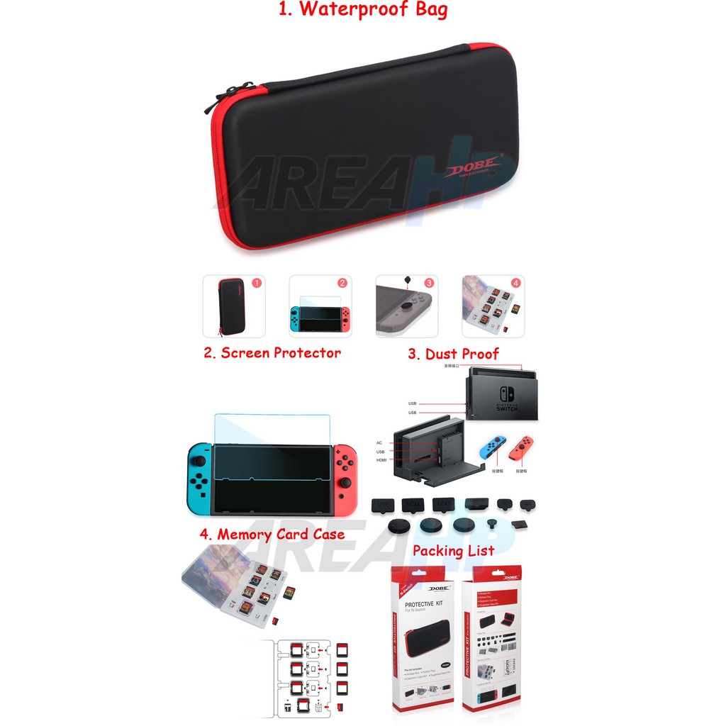 Dobe 4 in 1 Protective Kit Bag Memory Card Case Silicon Cap Tempered Glass TNS-874 Nintendo Switch