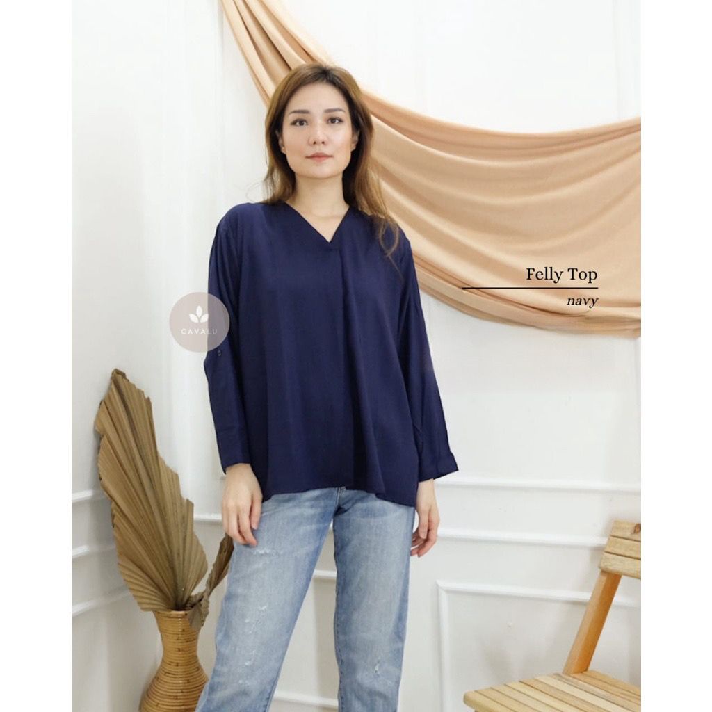 Atasan Blouse Wanita  V NECK Tangan Panjang CAVALU  FELLY TOP - KMJ 014