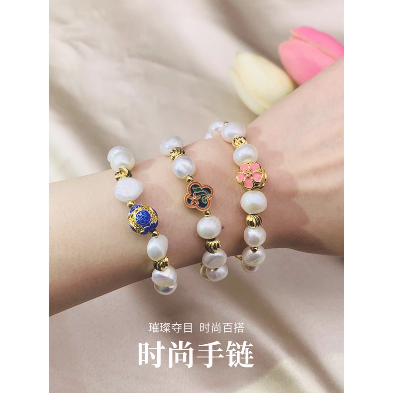 Gelang Emas Emas Asli Kadar 375 Hias Mutiara Gaya Vintage Dapat Disesuaikan Untuk Hadiah