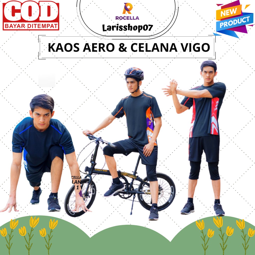 Rocella Kaos Aero & Celana Vigo Setelan Olahraga Dry Fit Lari Sepeda Gowes Senam Pria Bahan Dry Co