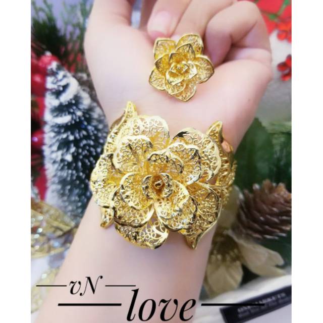 Set Perhiasan Lapis Emas Xuping Gelang Cincin Bunga Mawar Rose Flower Besar Gold Titanium