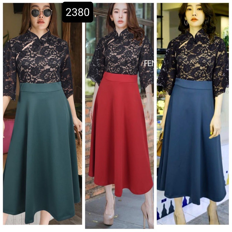 Joanne Fashion - Dress Cheongsam Wanita Brokat Kombinasi Scuba Premium (2380)