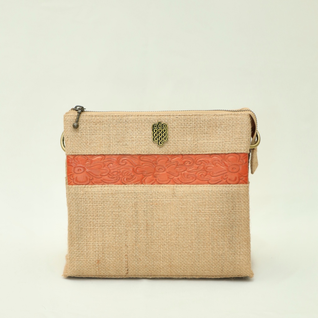 EthneeQ Sling bag jute burlap curving leather - tas karung goni selempang wanita - Sling bag jute