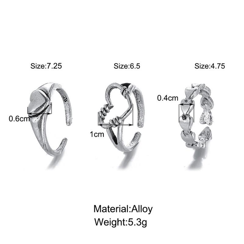 Fancyqube 3pcs / Set Cincin Model Terbuka Adjustable Desain Hati Warna Silver Gaya Gothic Retro Untuk Wanita