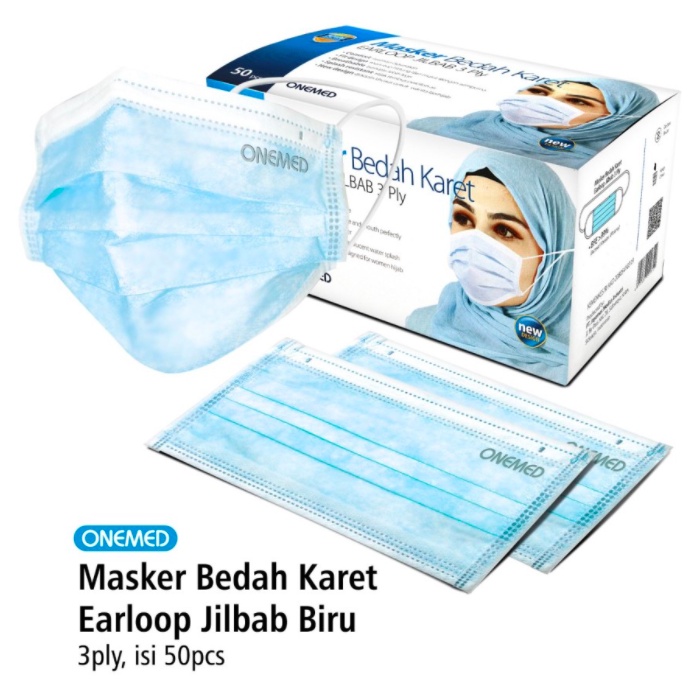 Masker Jilbab Blue OneMed box Masker Hijab 3 Ply Masker Medis Onemed