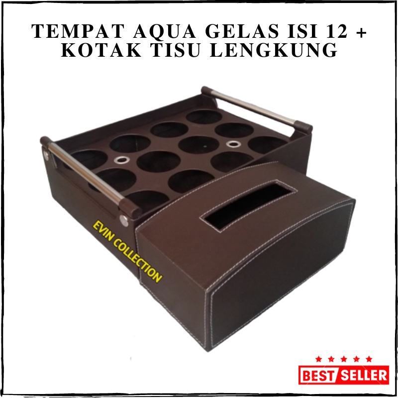 Tempat Aqua Gelas Isi 12 Cup + Kotak Tisu Model Lengkung Kulit Sintetis Keranjang Air Mineral Tempat Tissue