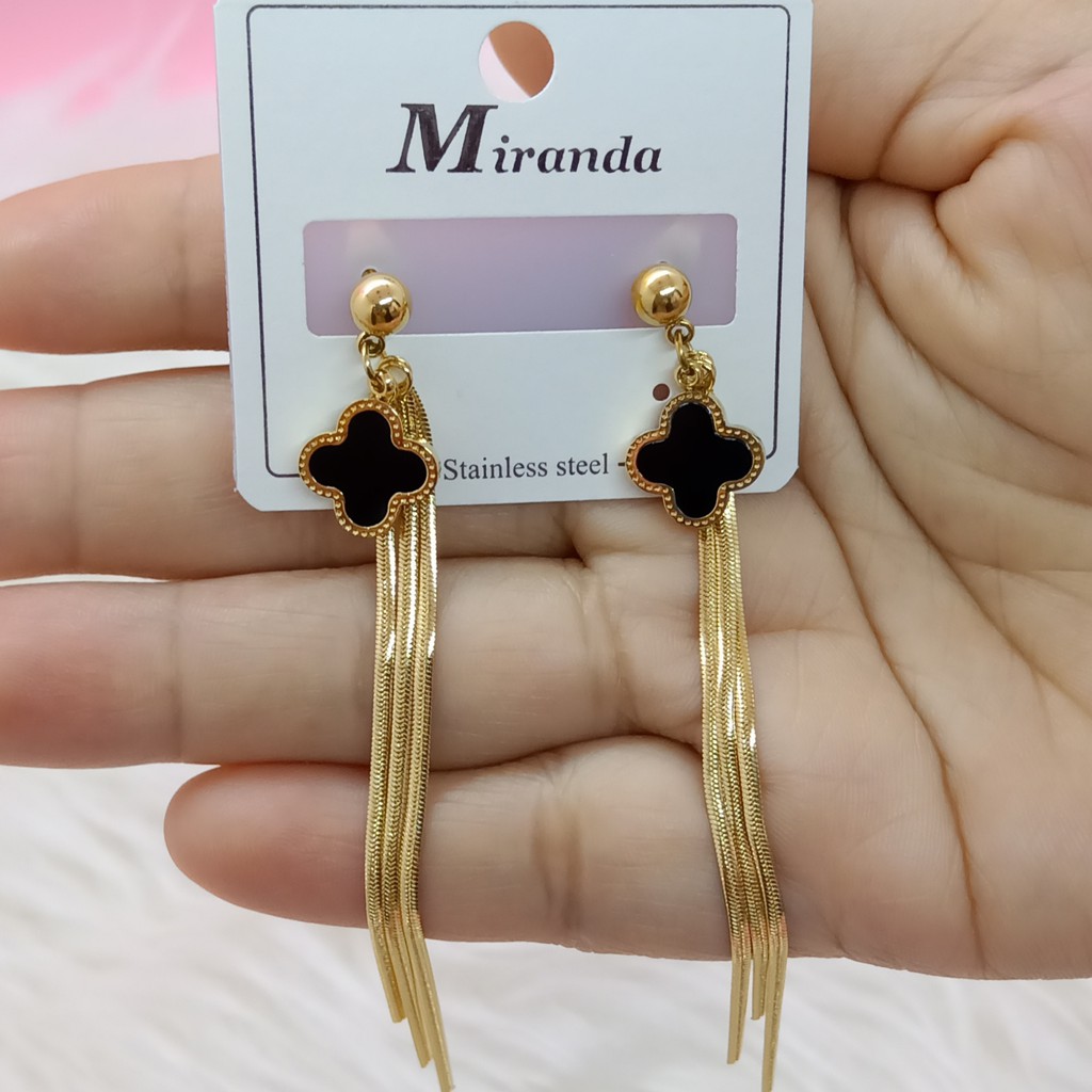 Anting Titanium L* Gantung Panjang Aksen Daun Semanggi Rose Gold Dan Gold