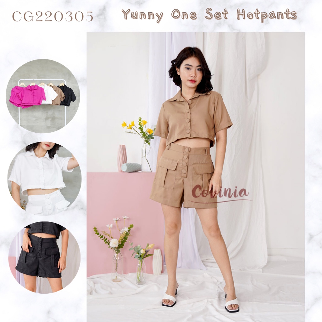 Yunny One Set Sakura Hotpants Yunie Crop Top Short Pocket Pants Set - CG220305