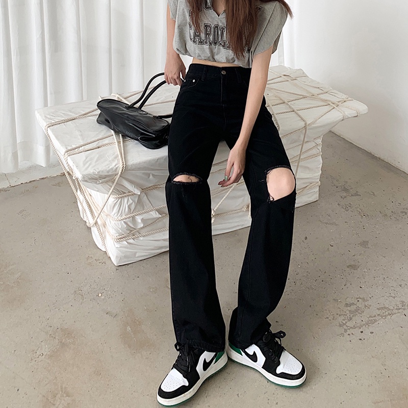 KULOT JEANS WANITA PREMIUM HITAM RIPPED LOOSE SOBEK KOREA CELANA JEANS PANJANG