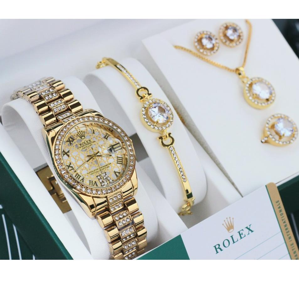 Surprise jam tangan wanita rolex full set free anting+kalung+gelang+cincin+box terbaru GO 1245