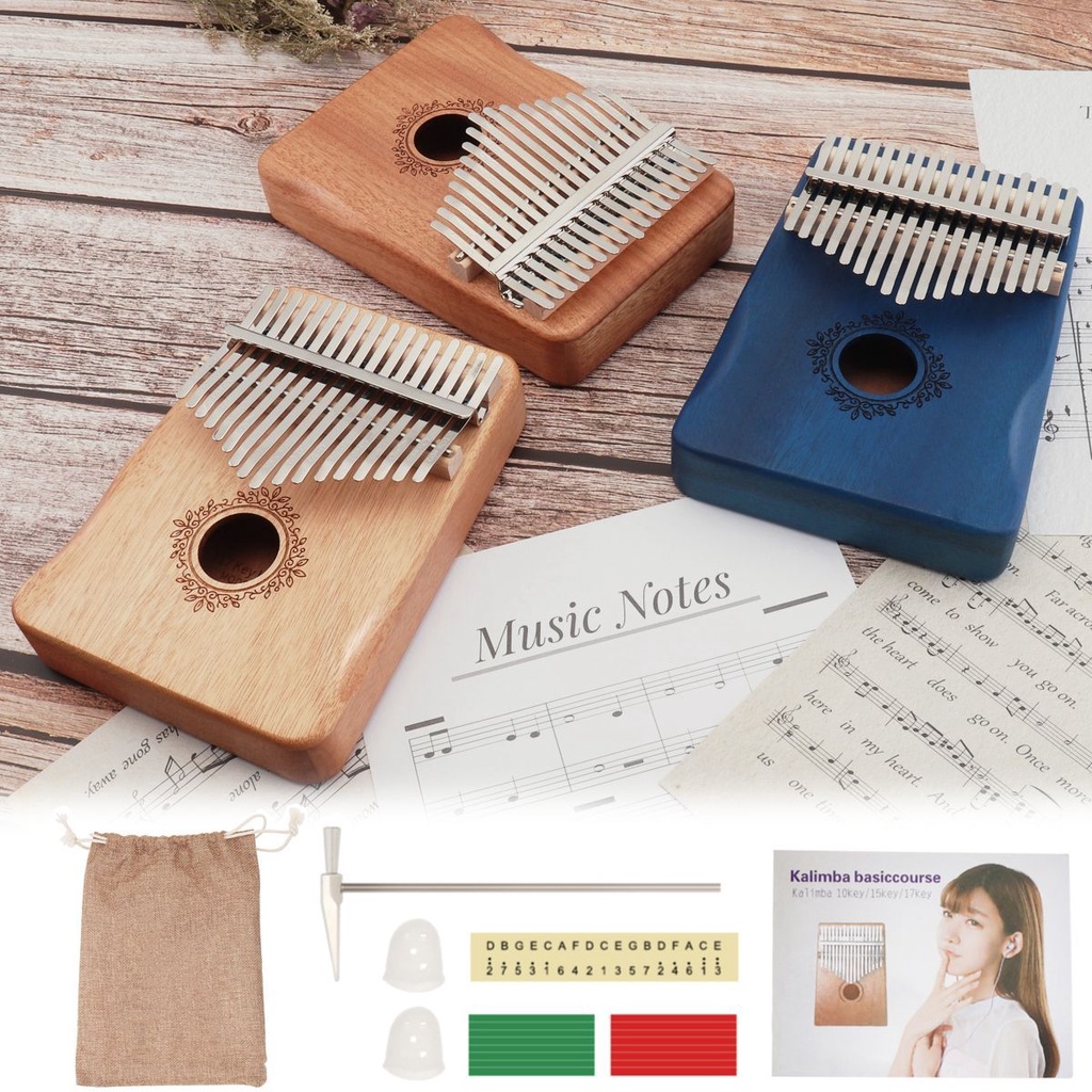 Piano Jari Kalimba 17 Kunci Bahan Kayu Mahoni Dengan Pelindung Tangan Mbira Biru / Retro