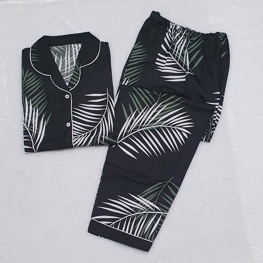 Baju Tidur Cewek Lengan Panjang Dan Lengan Pendek Motif Kotak Piyama Wanita Kekinian Pajamas Dewasa-CP COCO DAUN HITAM L