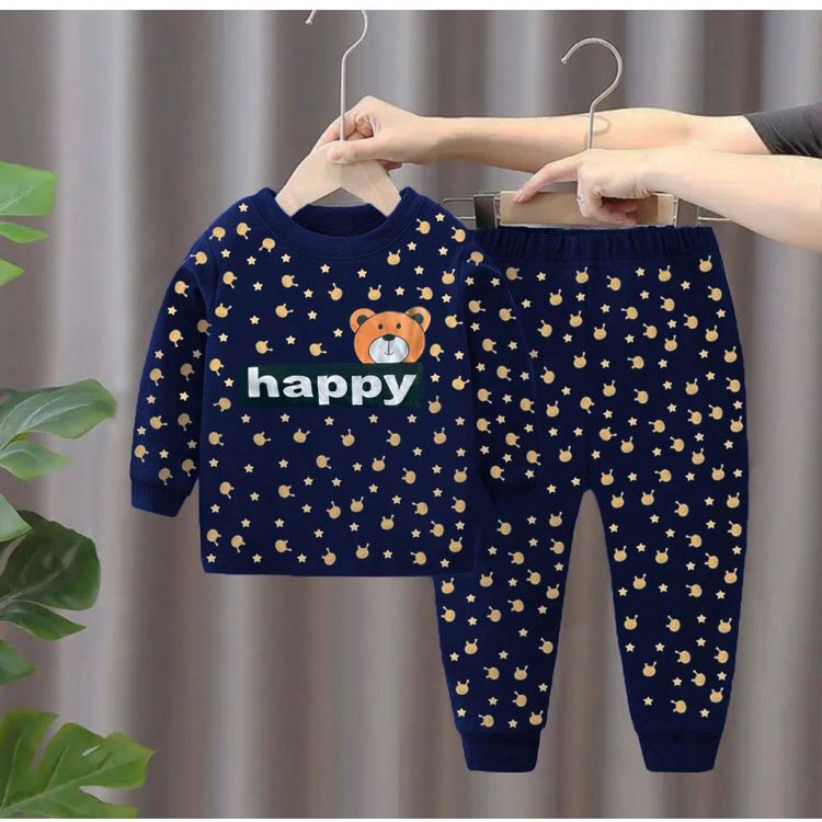 setelan baju tidur piyama kaos bayi anak motif bear happy usia 6 bulan -5 tahun bahan katun premium terbaru termurah/ setelan baju tidur piyama kaos bayi anak laki-laki/ setelan baju tidur piyama kaos bayi anak perempuan/ piyama kaos anak cowok