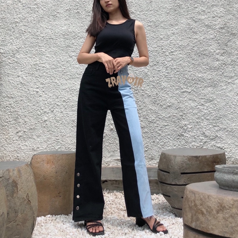 ELOISE LIGHT BLUE AND BLACK TWO TONE LIGHT BLUE HIGHWAIST BAGGY LOOSE JEANS | TWO TONE JEANS | BAGGY