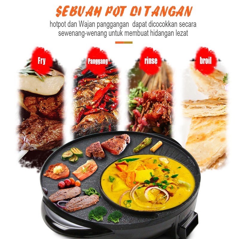 2 in 1 Panci Listrik Bulat Panggang Shabu Shabu Korbeq Steamboat Wajan Grill Pan