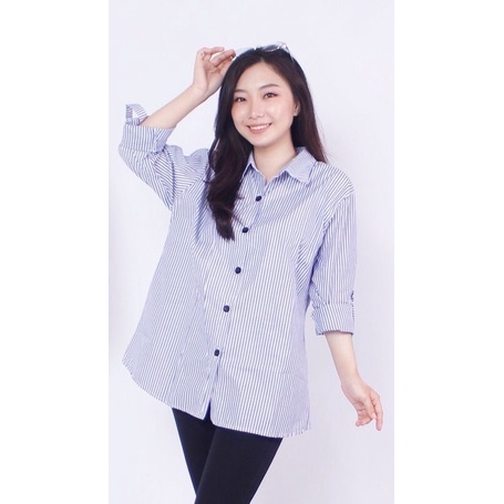 Kemeja Wanita Basic Trendy Lengan Panjang Salur Premium/ Atasan Wanita-Biru