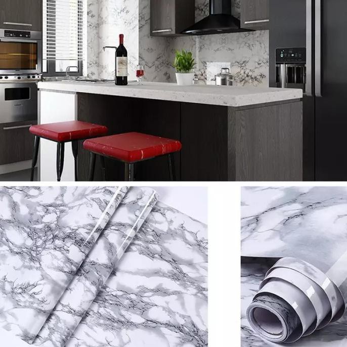 Wallpaper Sticker Premium Glossy Marble White Black / Marmer Sticker