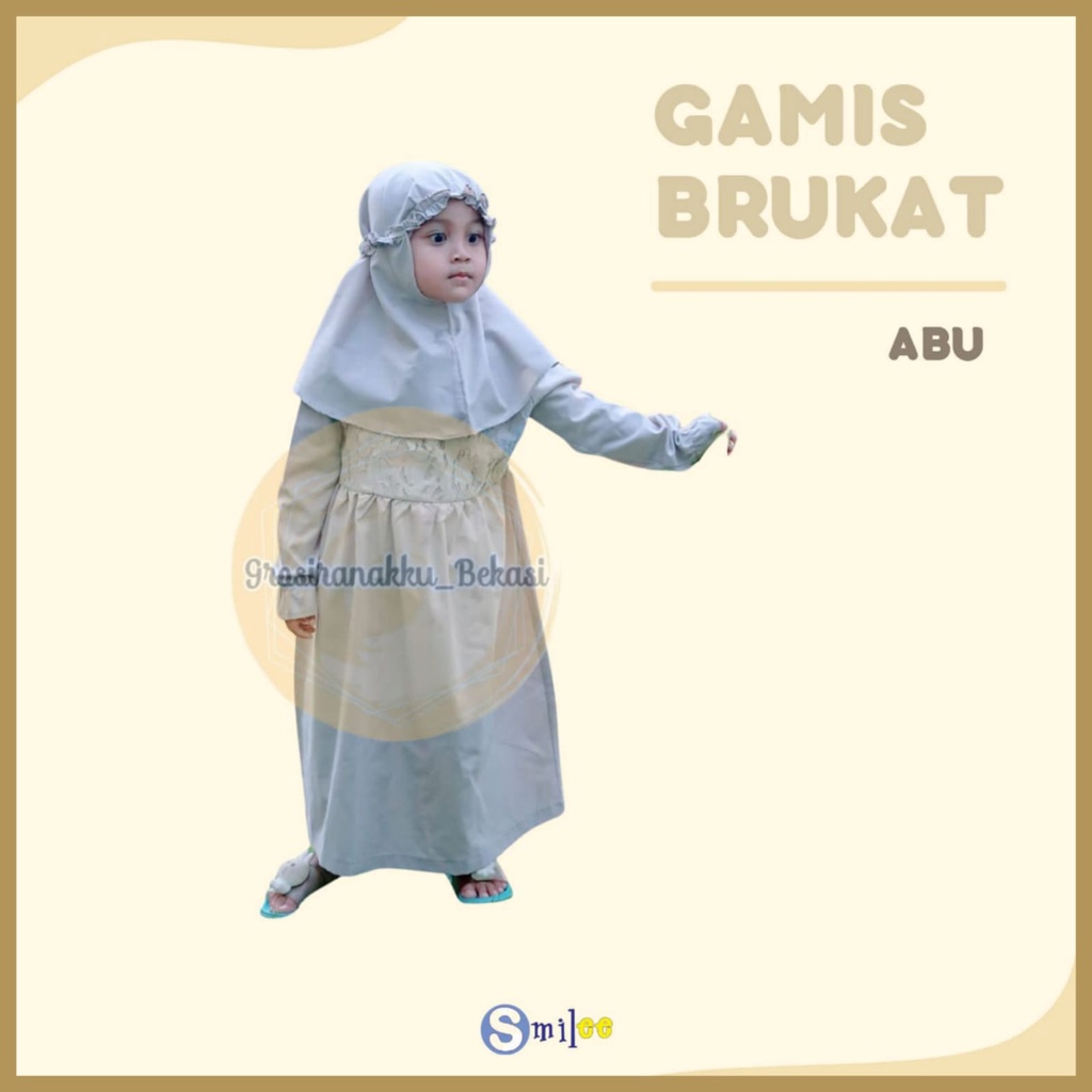 Gamis Kerudung Anak Aplikasi Brukat Abu Abu Size 1-6Tahun