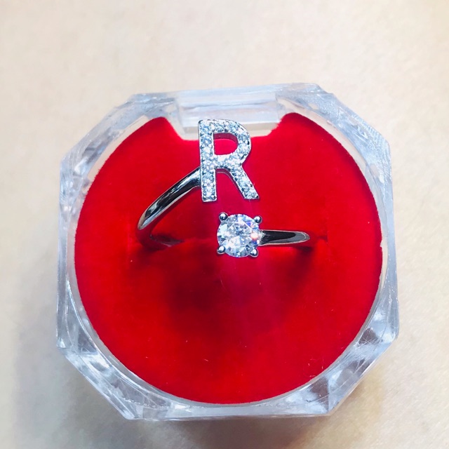 Cincin permta huruf R silver925 lapis mas putih Cp501