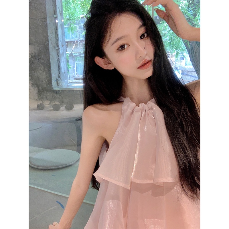 Gaun Wanita Keinginan Murni Seksi Halter Leher Strapless Mesh Chiffon A-line Rok Musim Panas Versi Korea Mengurangi Usia Merah Muda Kue Rok