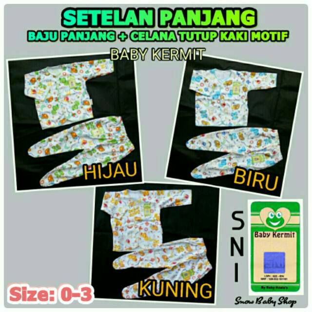 Setelan Panjang Bayi ( Baju Panjang + Celana Panjang Tutup Kaki) Motif 0-3M SNI Baby Kermit