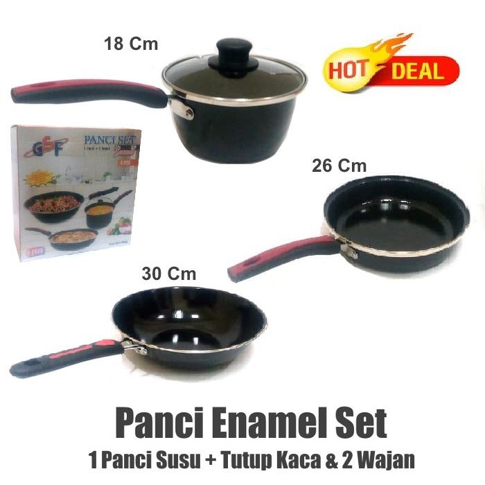 Panci Set Enamel GSF G-2630 Frypan Tutup kaca Wajan Wok Dan Saucepan