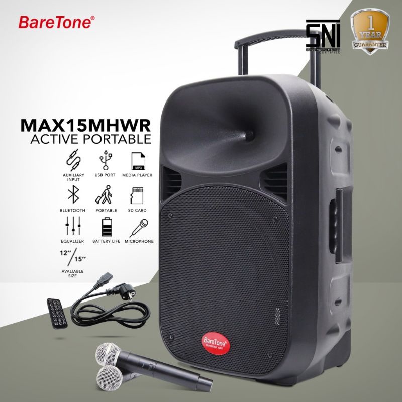 Speaker Aktif Portable 15 Inch Baretone MAX15MHWR Bluetooth 2 Mic Wireless ORIGINAL MAX15 MHWR # GMC