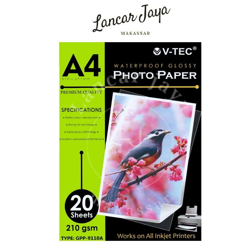 

Kertas Foto Glossy Photo Paper V-TEC VTEC A4 210 Gsm 20 Sheets Lembar