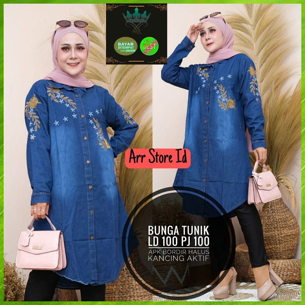 Baju Atasan Tunik Jeans Denim Fashion Wanita Muslim Terbaru 2021 Kekinian Bordir Bunga Premium Ld 100 P 100 Bunga Allsize