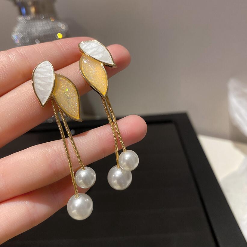 925 jarum perak Korea Dongdaemun Pearl daun rumbai anting-anting drop minyak anting-anting panjang a