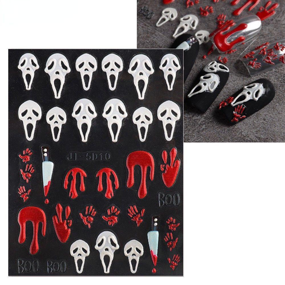 Needway   Kuku Timbul Stiker DIY Darah Horror Mata Mawar Hantu Tulang Kuku Salon Halloween Manicuring Sticker