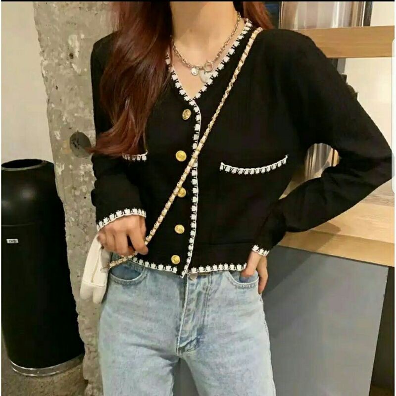 Cerline Outer Cardigan wanita rajut import korea hitam/ Baju atasan Kardigan rajut cewek kardi rajut