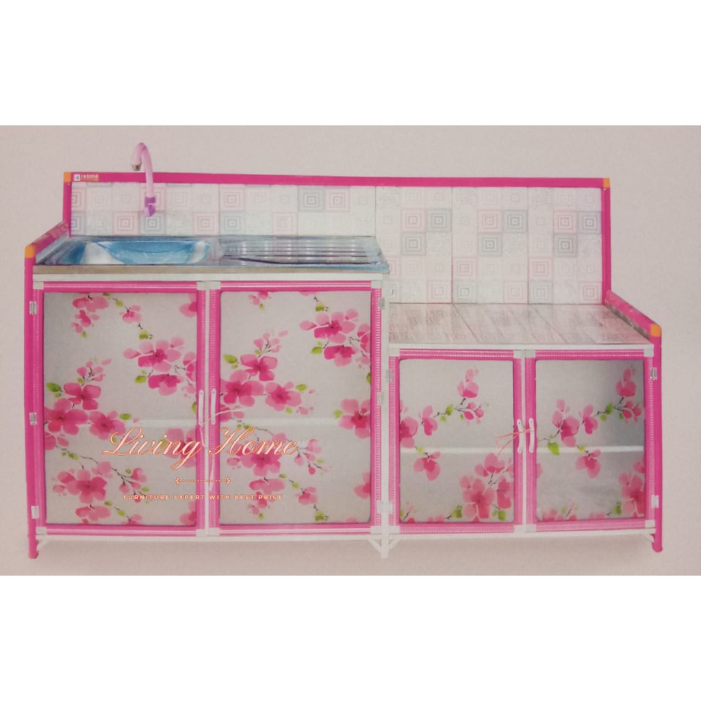 Meja Kompor Wastafel 4 Pintu Lemari Dapur Keramik Rak Piring Gelas Aluminium Kaca