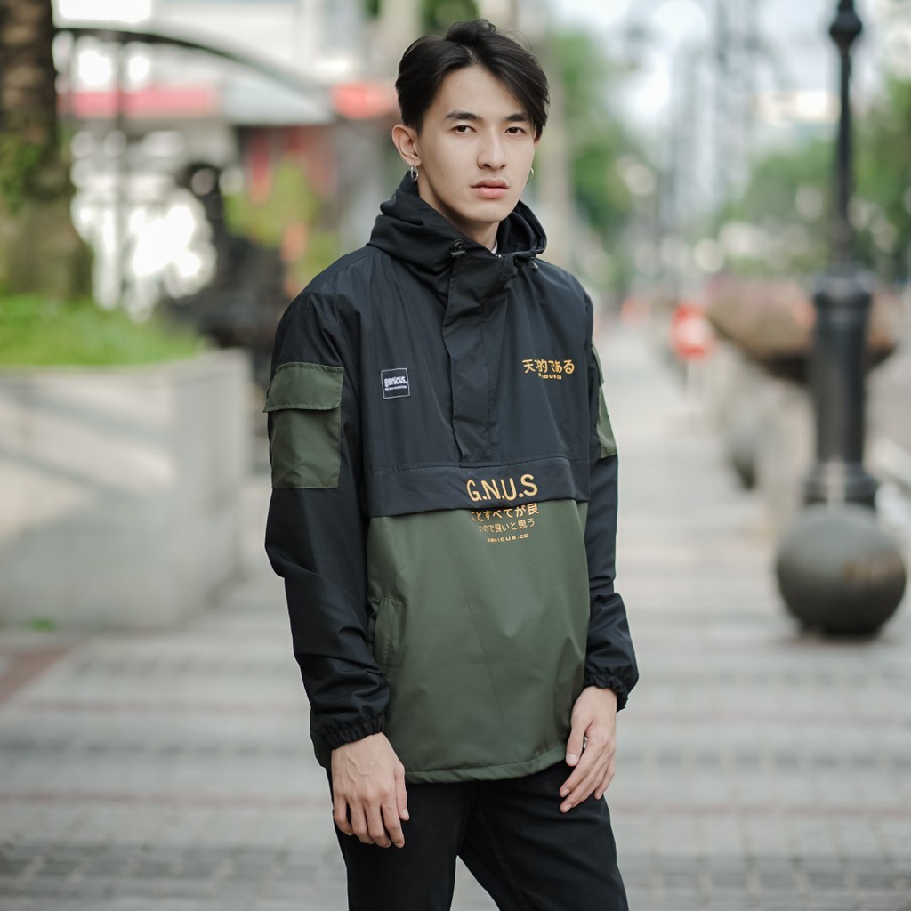 GENIOUS Jaket Cougle HItam Hijau Jaket Parasut Pria Jaket Outdoor