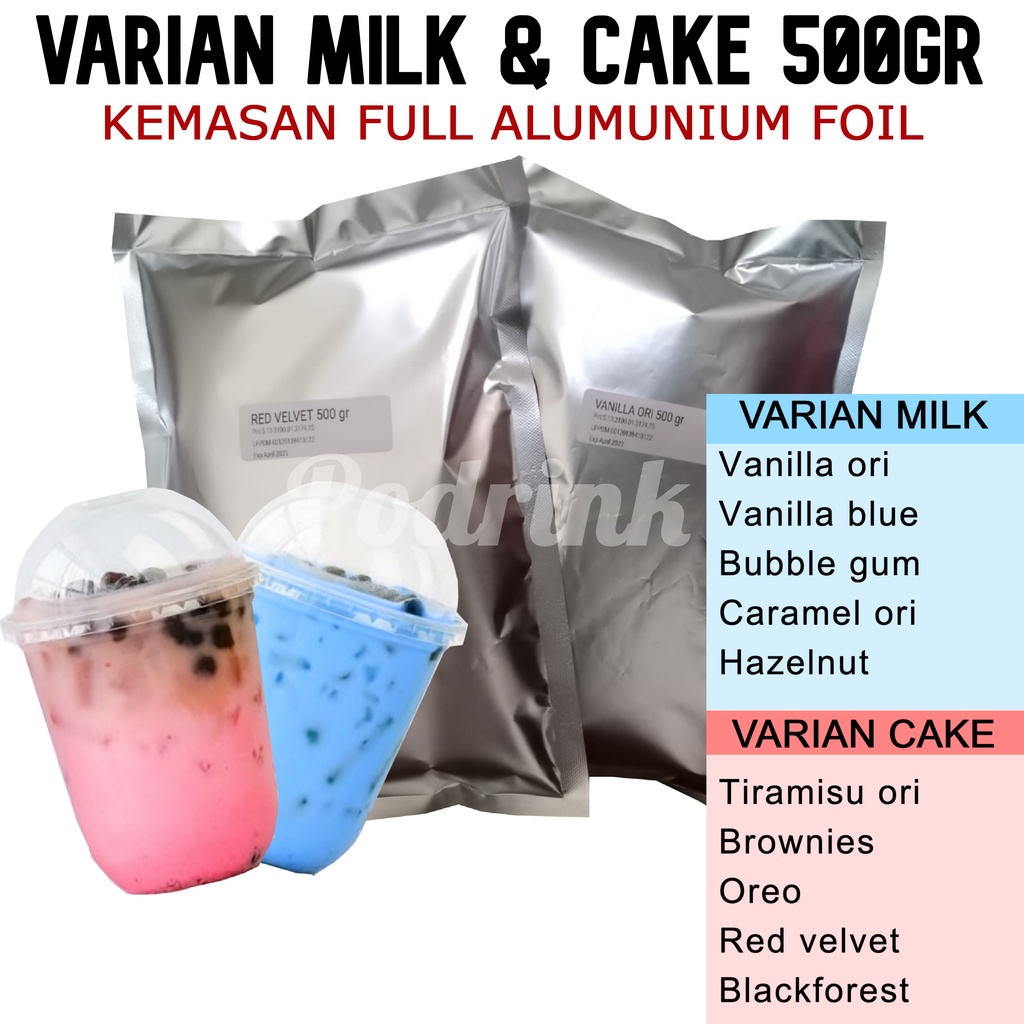 

Bubuk Minuman 500gr Murah Varian Milk dan Cake Untuk Boba, Esblend, Jellydrink dsb (mix gula)