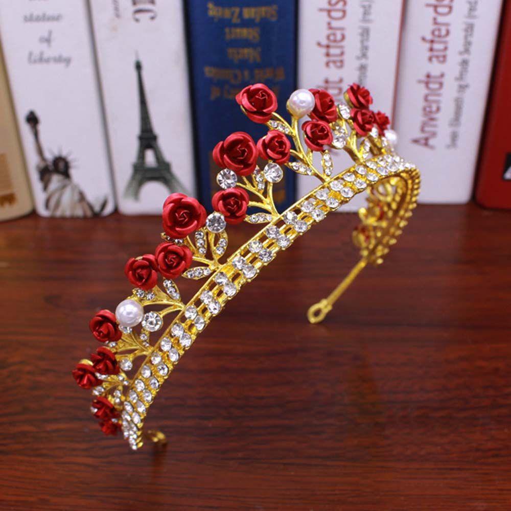 Needway Tiara Pengantin Perhiasan Pernikahan Vintage Warna Emas Bando Mawar Merah Berlian Imitasi Rambut Mahkota