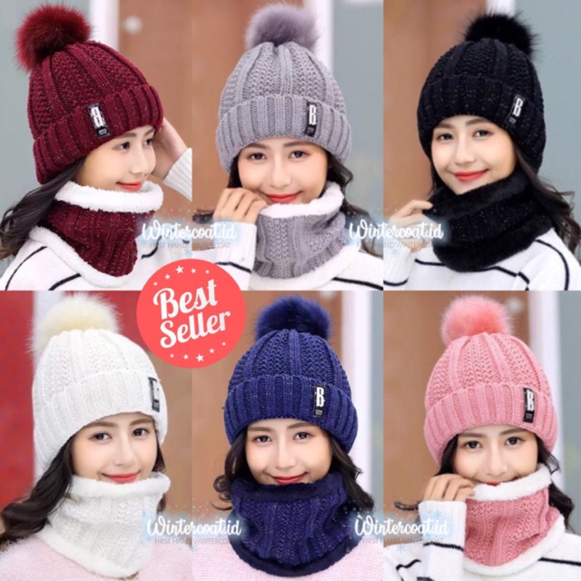 Beanie hat dan Neck warmer 1 set wanita anak cewek topi winter kupluk hangat tebal musim dingin