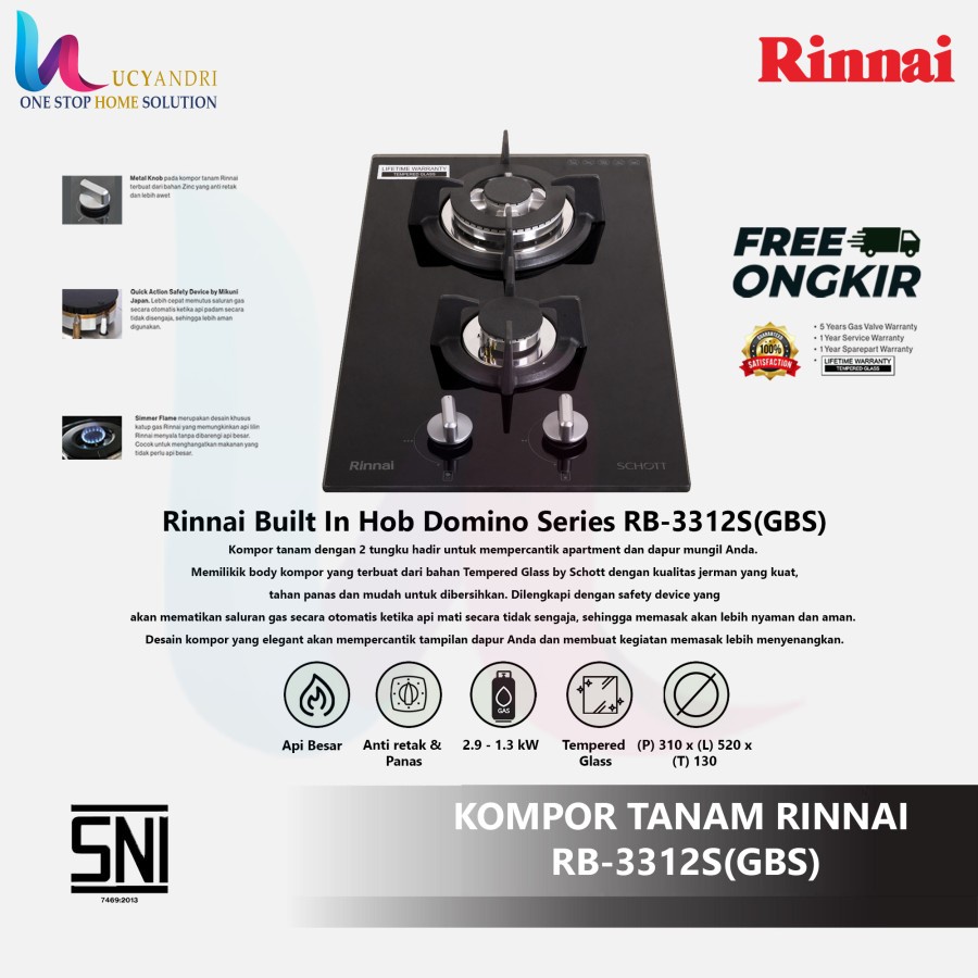 Kompor Tanam RINNAI RB-3312S(GBS)/RB 3312 SGBS/RB3312SGB FREE ONGKIR